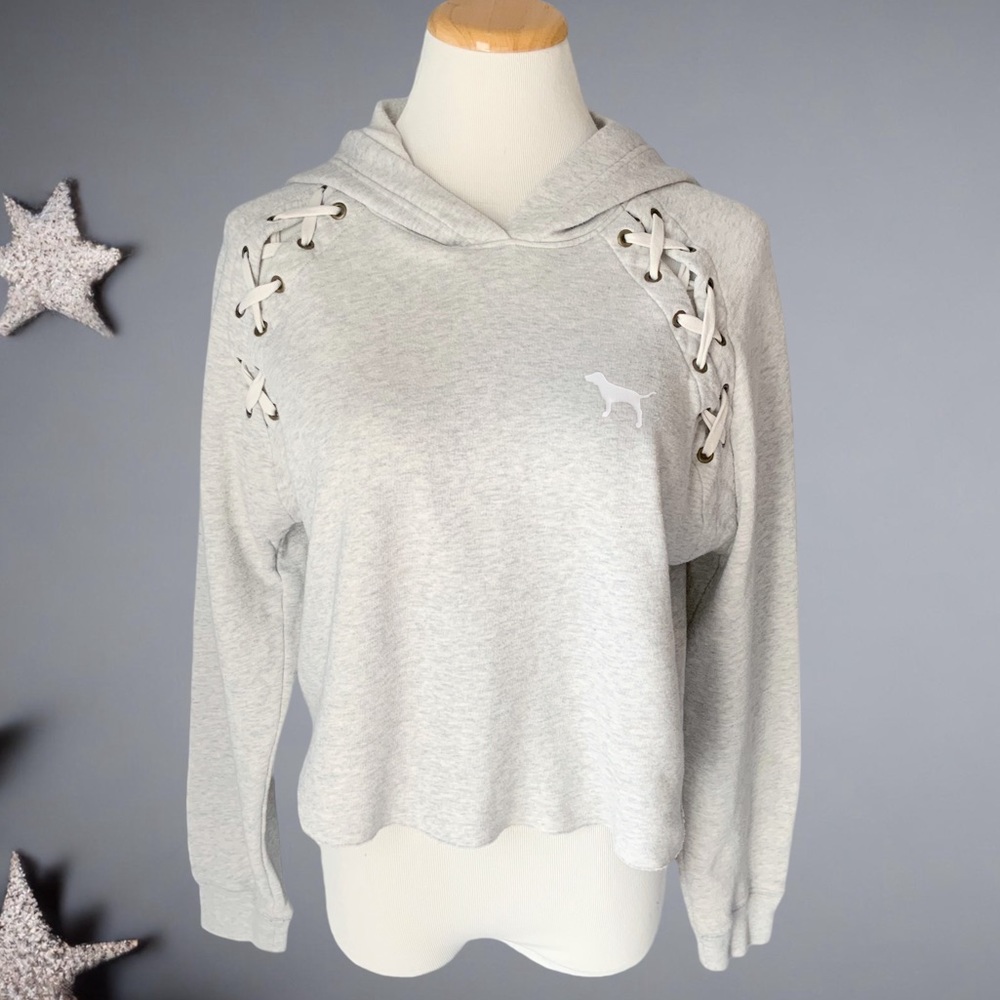 VS PINK Slouchy Oversized Cropped Hoodie Laceup Shoulders Long Sleeves